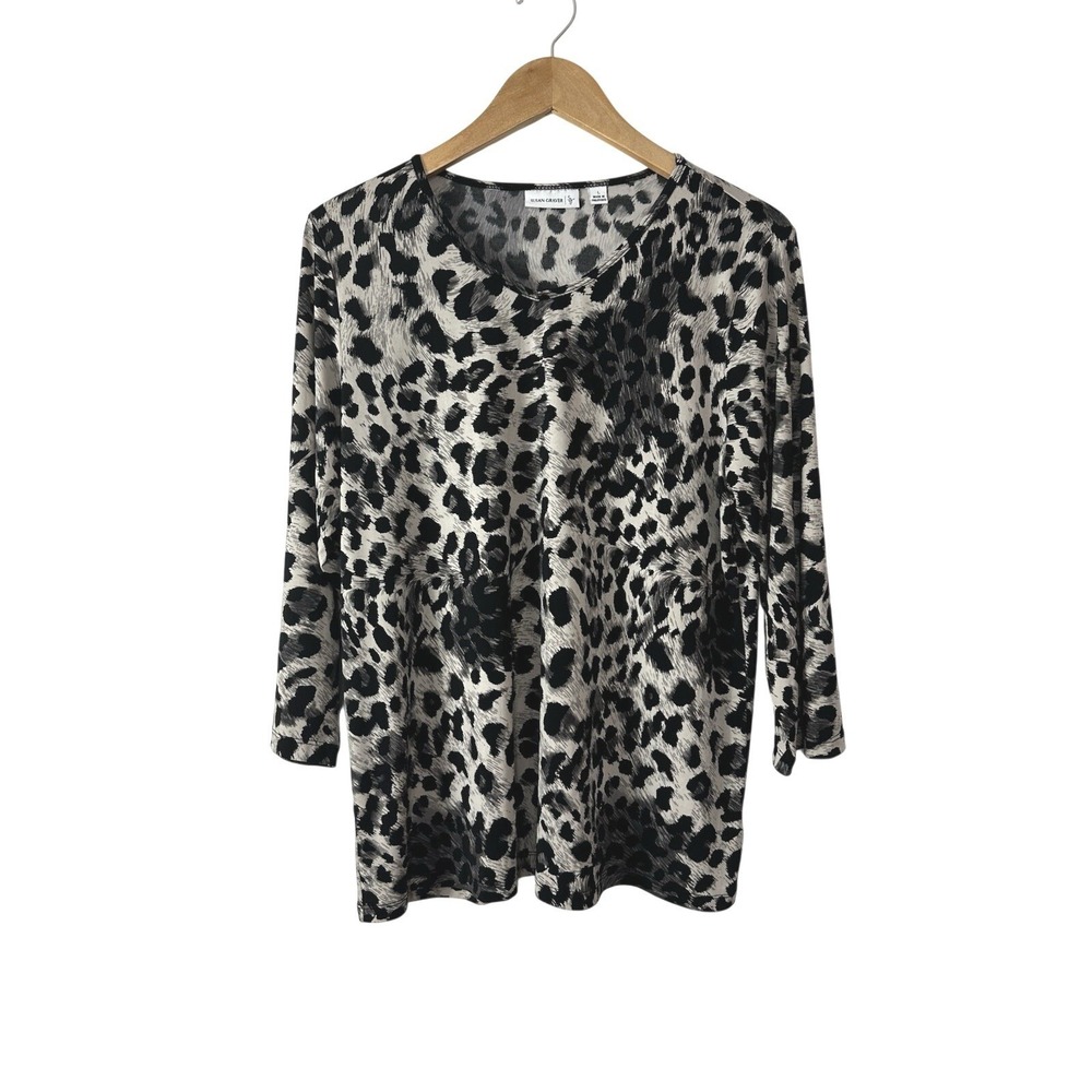 Susan‎ Graver Leopard Print Tunic Top Womens Large Black Gray V Neck Stretch